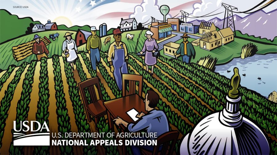 Illustration of farmers in a farm field with a government worker at a desk to meet with them.