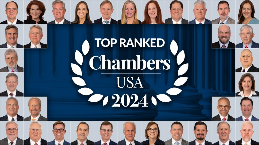 Top-Ranked Chambers USA 2024 badge with blue-tinted building columns in the background and portraits for 34 attorneys