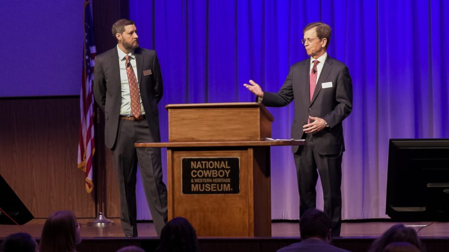 McAfee & Taft labor lawyers Phil Bruce and Tony Puckett speaking to a packed audience at the EmployerLINC25 seminar on April 2, 2025 at the National Cowboy & Western Heritage Museum.