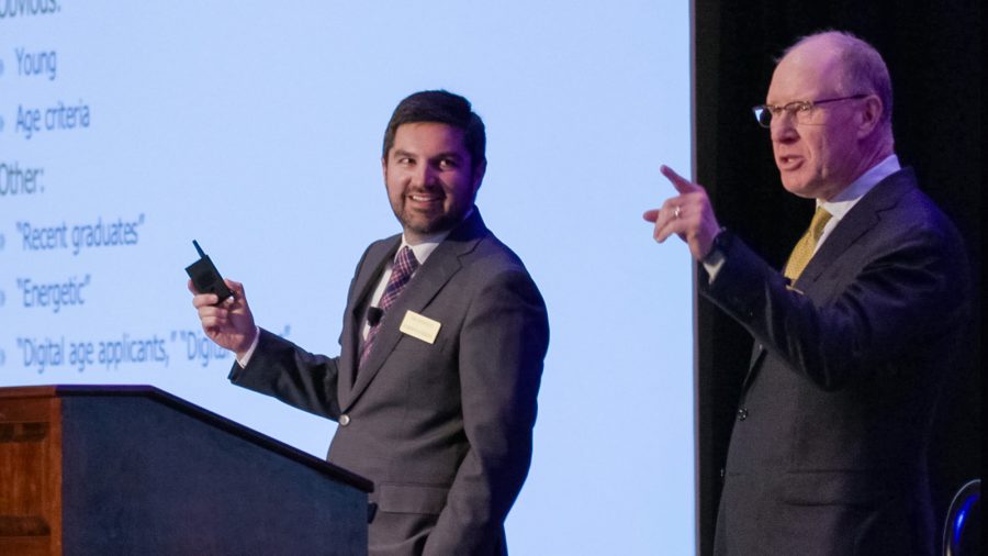 McAfee & Taft employment lawyers Harrison Kosmider and Kirk Turner speak to a Tulsa attendees at the EmployerLINC25 seminar on April 4, 2025 at Renaissance Tulsa Hotel & Convention Center.