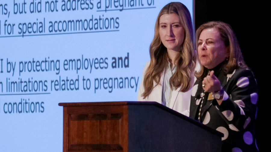 McAfee & Taft employment lawyers Grace DeJohn and Kathy Neal speak to Tulsa attendees at the EmployerLINC25 seminar on April 4, 2025 at Renaissance Tulsa Hotel & Convention Center.