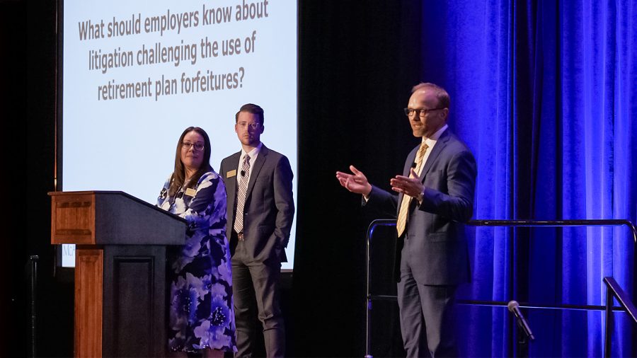 McAfee & Taft employee benefits lawyers Judy Burdg, Lake Moore, and Brandon Long answer frequently asked questions related to benefits during the final afternoon presentation at the EmployerLINC25 seminar on April 4, 2025 at Renaissance Tulsa Hotel & Convention Center.