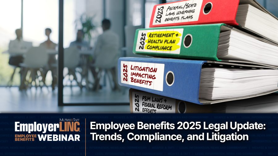 A webinar theme graphic with an Image of a stack of document binders in the foreground with a conference room meeting in the blurred background, along with various graphic elements and effects.
