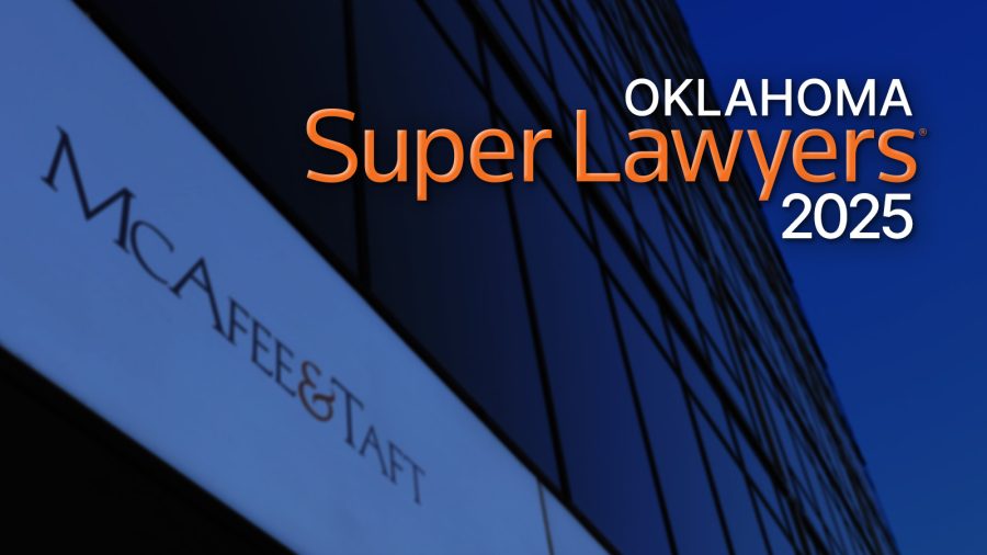 A high-angle, looking up photo of McAfee & Taft's office in Williams Tower II in downtown Tulsa, with the Super Lawyers logo overlayed.
