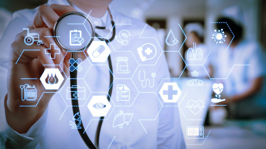 Health care and medical services concept with flat line AR interface.
