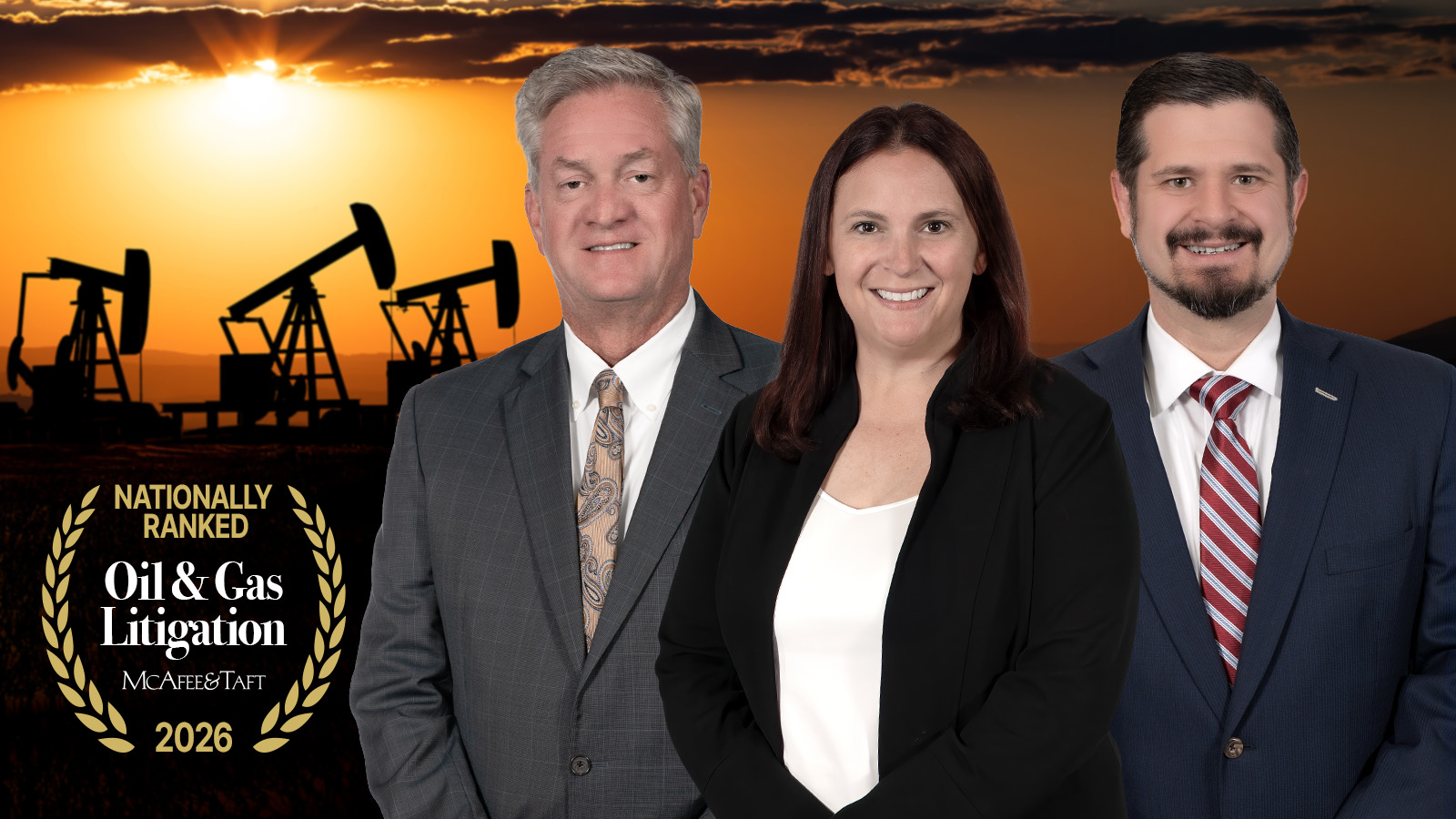 Oil & Gas attorneys Tim Bomhoff, Laura Long and Patrick Stein with a background that includes silhouettes of oil pumps at sunset