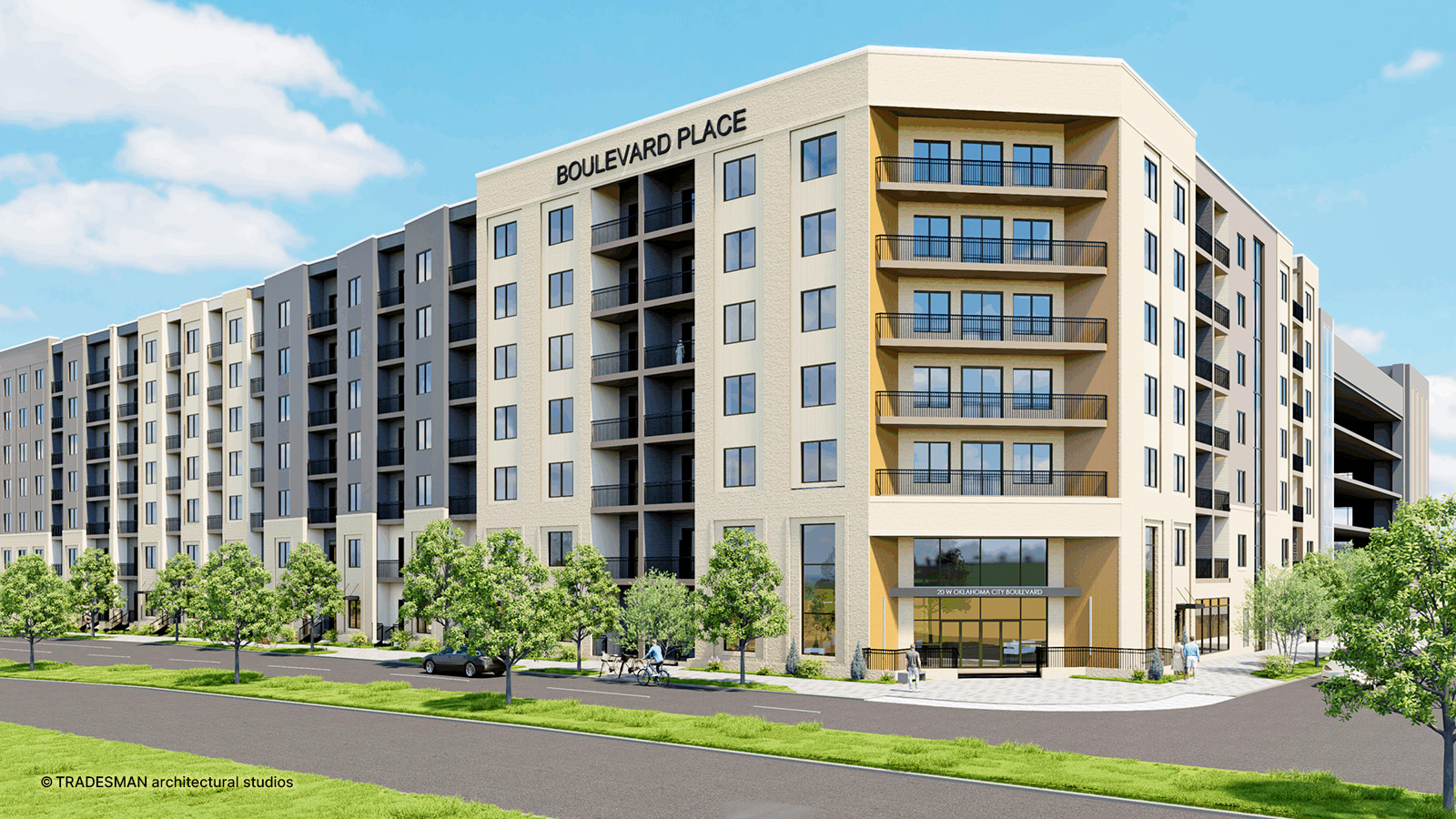 Architectural rendering of the northwest entry into Boulevard Place, a new development in downtown Oklahoma City. [Courtesy: TRADESMAN architectural studios]