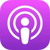 Apple Podcasts icon featuring a white stylized human figure inside radio waves on a purple gradient background.