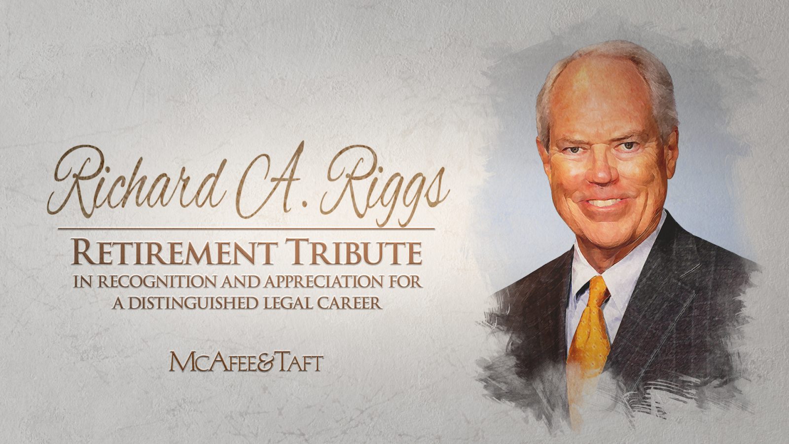 Graphic featuring painting of Richard Riggs portrait and titles for the Retirement Tribute