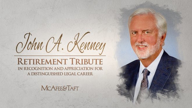 Graphic featuring painting of John Kenney portrait and titles for the Retirement Tribute