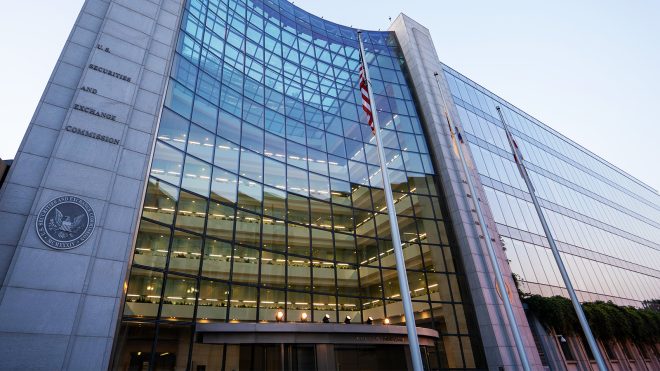 The U.S. Securities and Exchange Commission (SEC) headquarters in Washington, DC, at dusk.