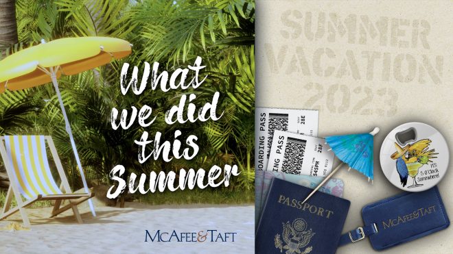 Summer-themed graphic showing beach scene with beach chair, beach umbrella, and headline "What we did this summer" as well as travel items like passport, airline boarding pass, luggage tag, cocktail umbrellas, "5 o'clock somewhere" bottle opener, and stamped text reading "Summer Vacation 2023"