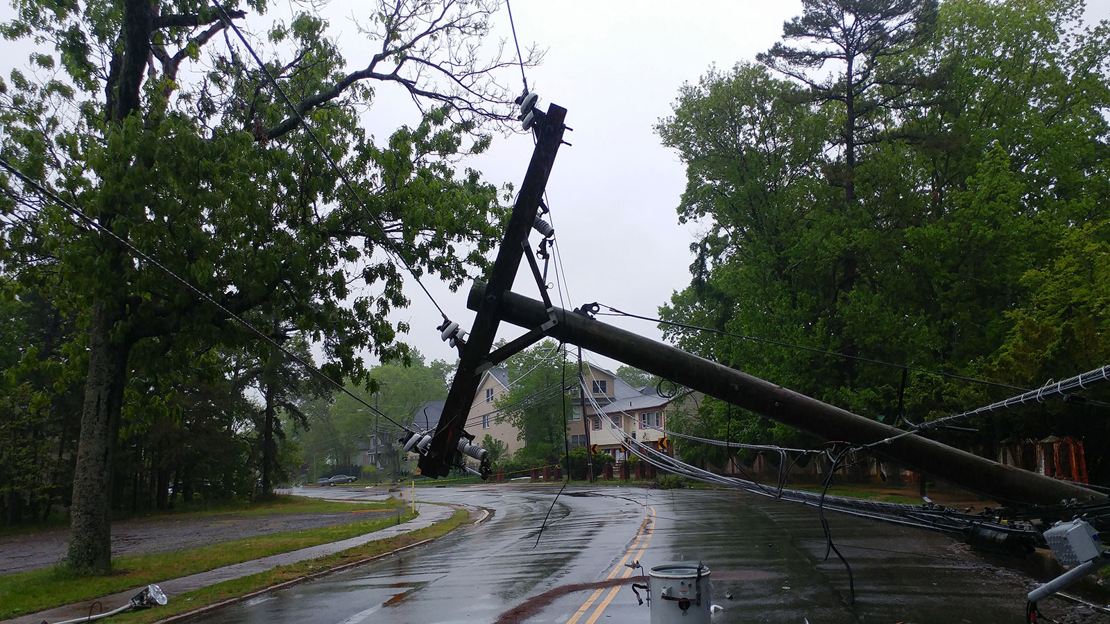 Damaged power lines after hurricane Laura